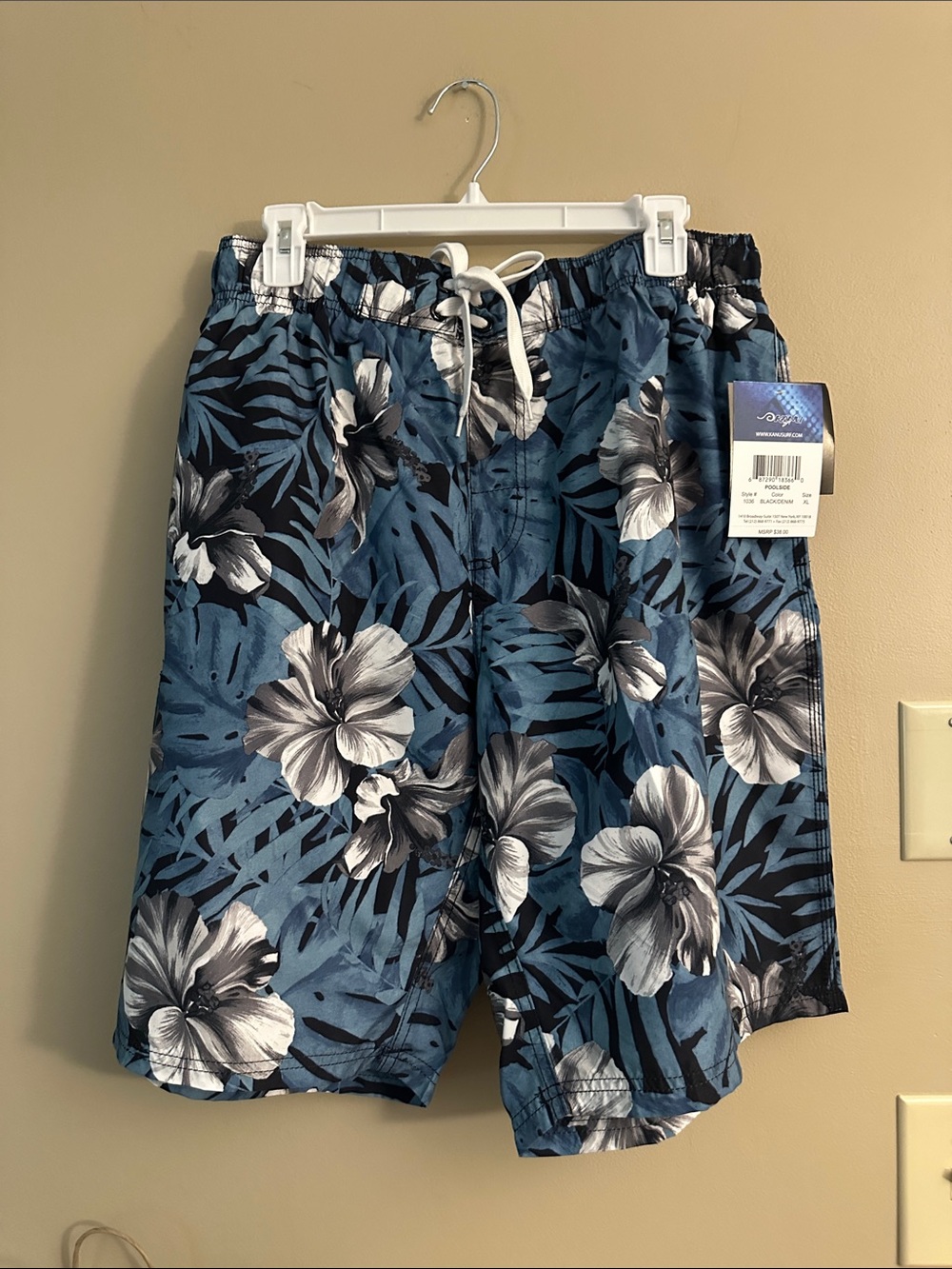 Men's Blue Floral Swim Trunks with Drawstring Waist